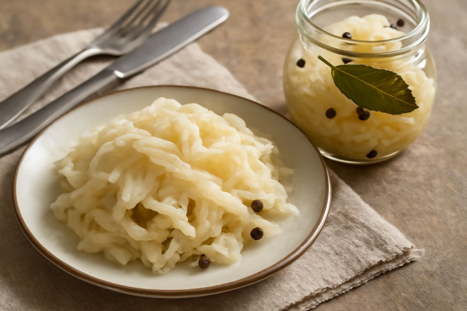 Verza tagliata in strisce croccanti e bianche, coperte da un liquido trasparente leggermente giallastro in un vasetto di vetro, con qualche grano di pepe e foglia di alloro visibili nel fondo