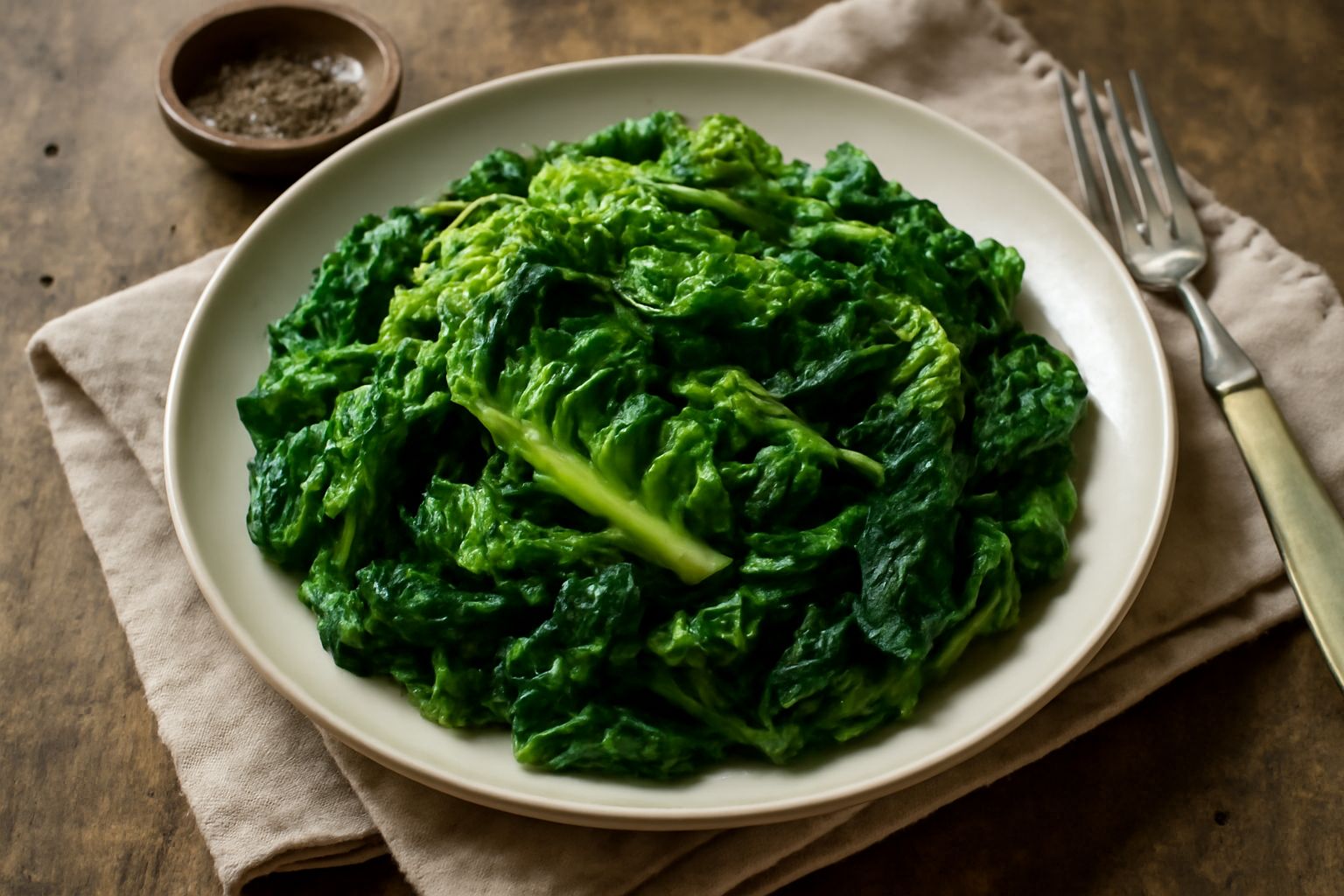 Verza stufata in piatto bianco, foglie di cavolo verde scuro, tenere e umide, con riflessi lucidi dall'olio di cottura, aglio leggermente dorato ai bordi, porzione ben compatta e uniforme