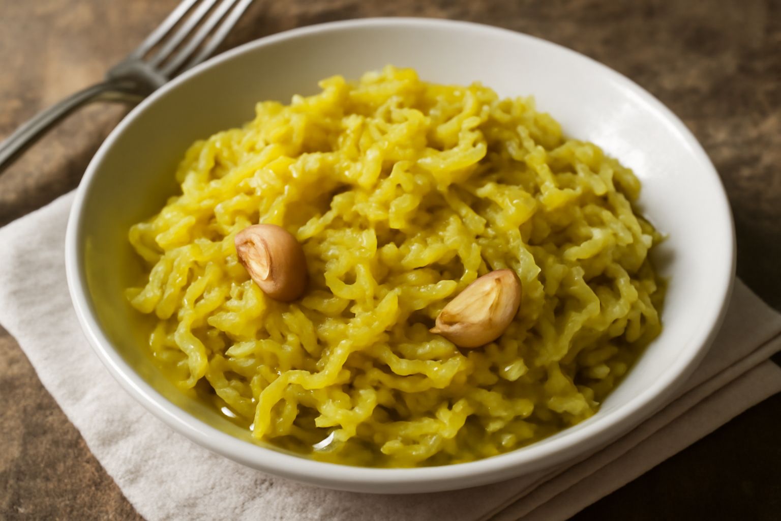 Verza trifolata in un piatto bianco, tagliata a striscioline sottili e dorata, con uno strato di olio lucido e spicchi d'aglio visibili tra le foglie, servita come contorno