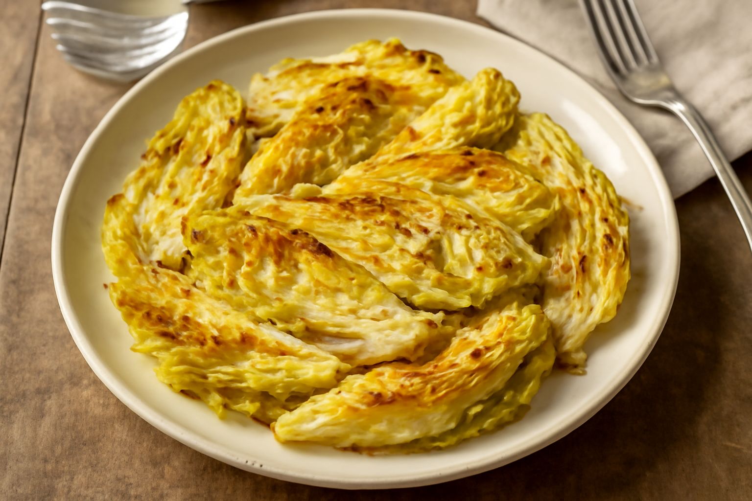 Verze tagliate a strisce larghe, disposte su una teglia di ceramica, dorate e croccanti ai bordi, con residui di olio d'oliva lucido in superficie, su sfondo di legno naturale.