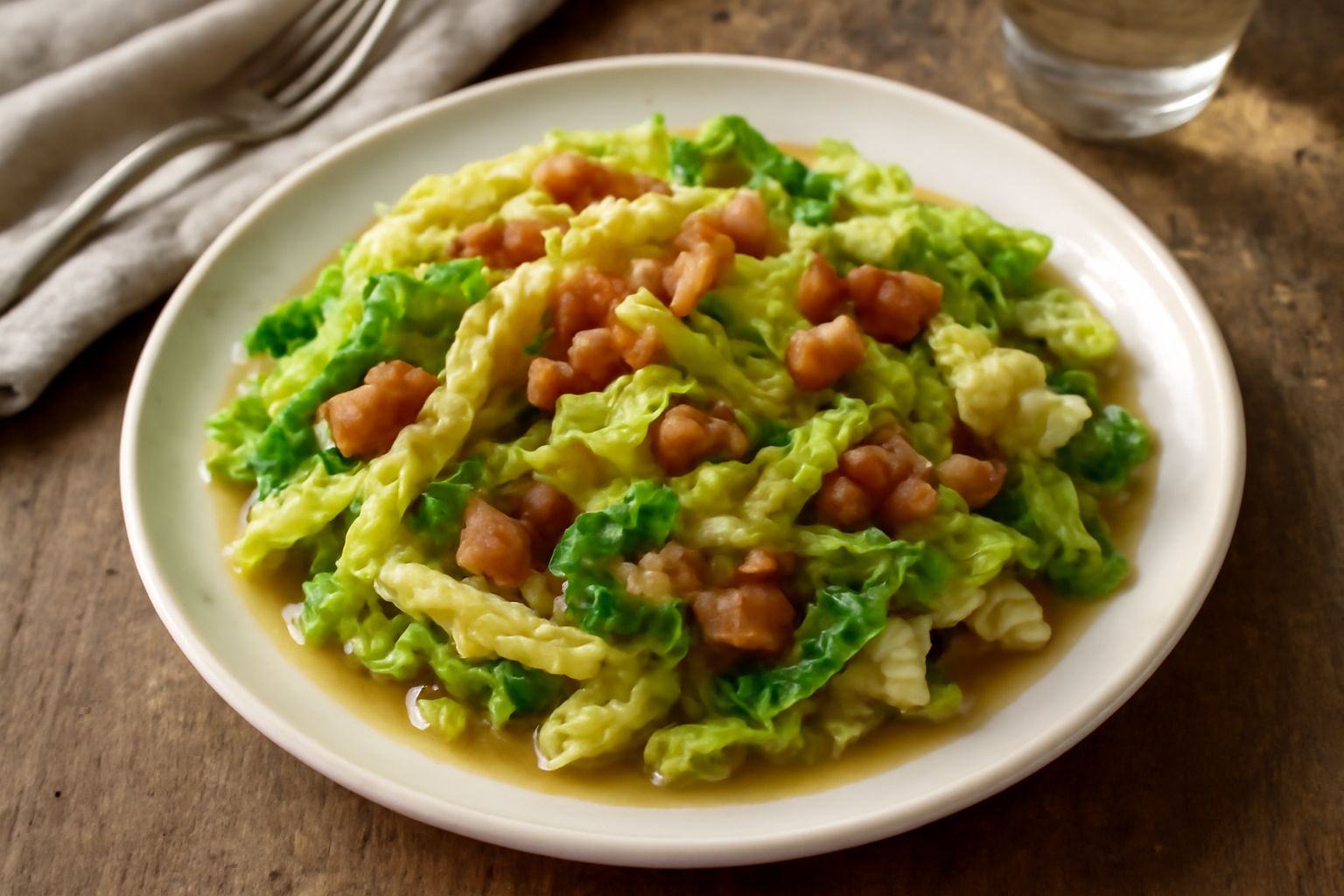 Verza cotta a fette in una padella di ghisa, con pancetta croccante dorata, cipolla morbida e salsa trasparente, sfumata di bianco, contorno di verza ancora croccante sui bordi della padella in primo 