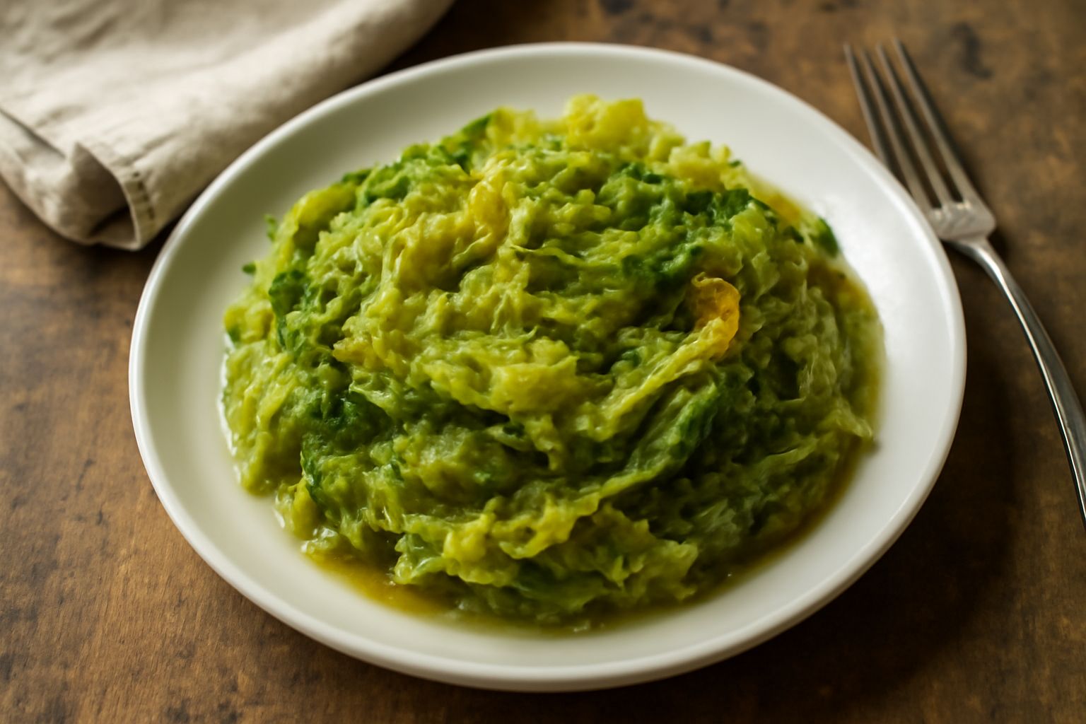 Verza cotta in umido in piatto bianco, foglie morbide di colore verde scuro con sfumature dorate, condita con olio e aglio, vapore appena visibile