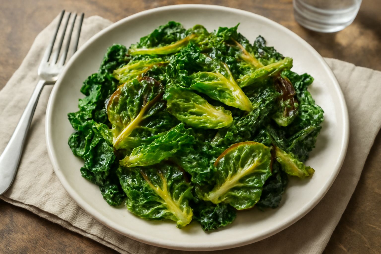 Verza tagliata a strisce sottili, rosolata in padella, con foglie dorate ai bordi, spicchi d'aglio visibili, peperoncino rosso e olio verde in superficie, in un piatto bianco