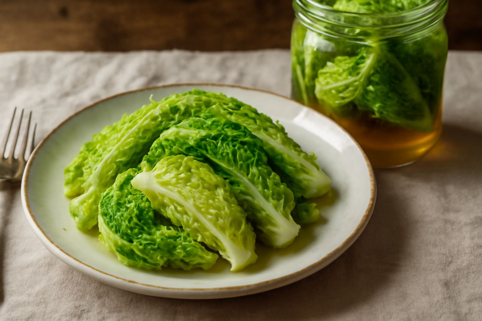 Vasetto di vetro trasparente contenente fette di verza verde croccante immerse in liquido ambrato trasparente, con chiodi di garofano e grani di pepe visibili, su sfondo bianco neutro