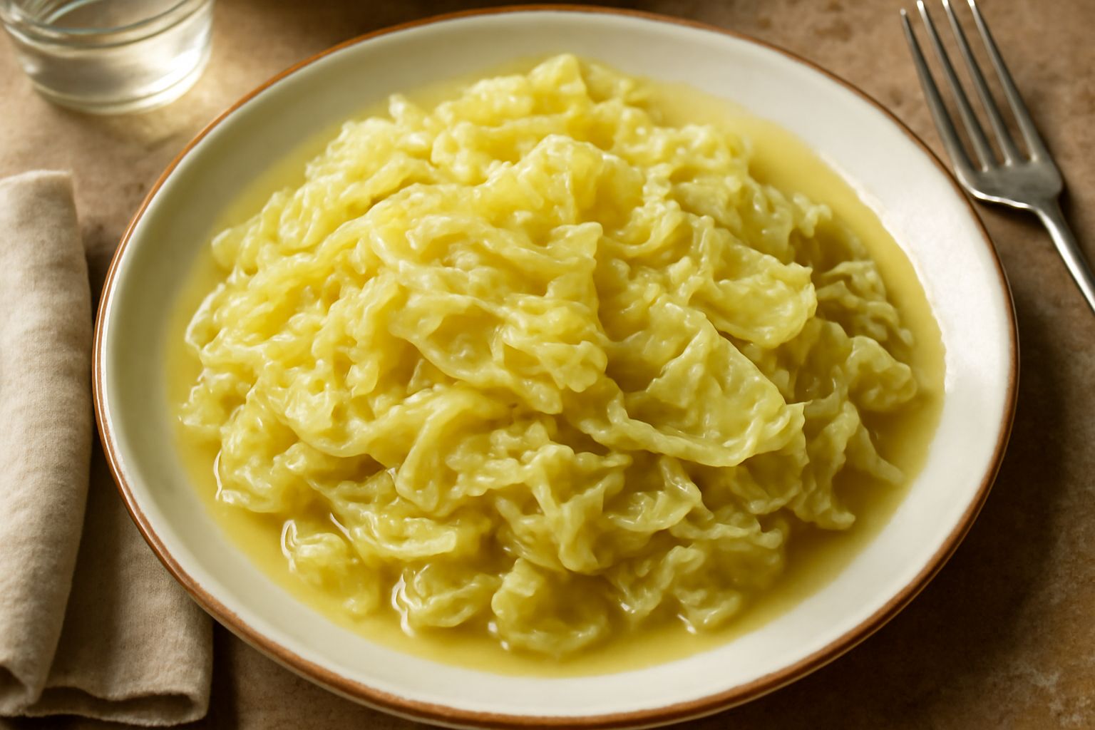 Verza stufata in una padella larga, fette di cavolo verde ammorbidito, color giallo-verde pallido, con riflessi lucidi dal brodo, cipolla traslucida visibile, servita in un piatto bianco fondo