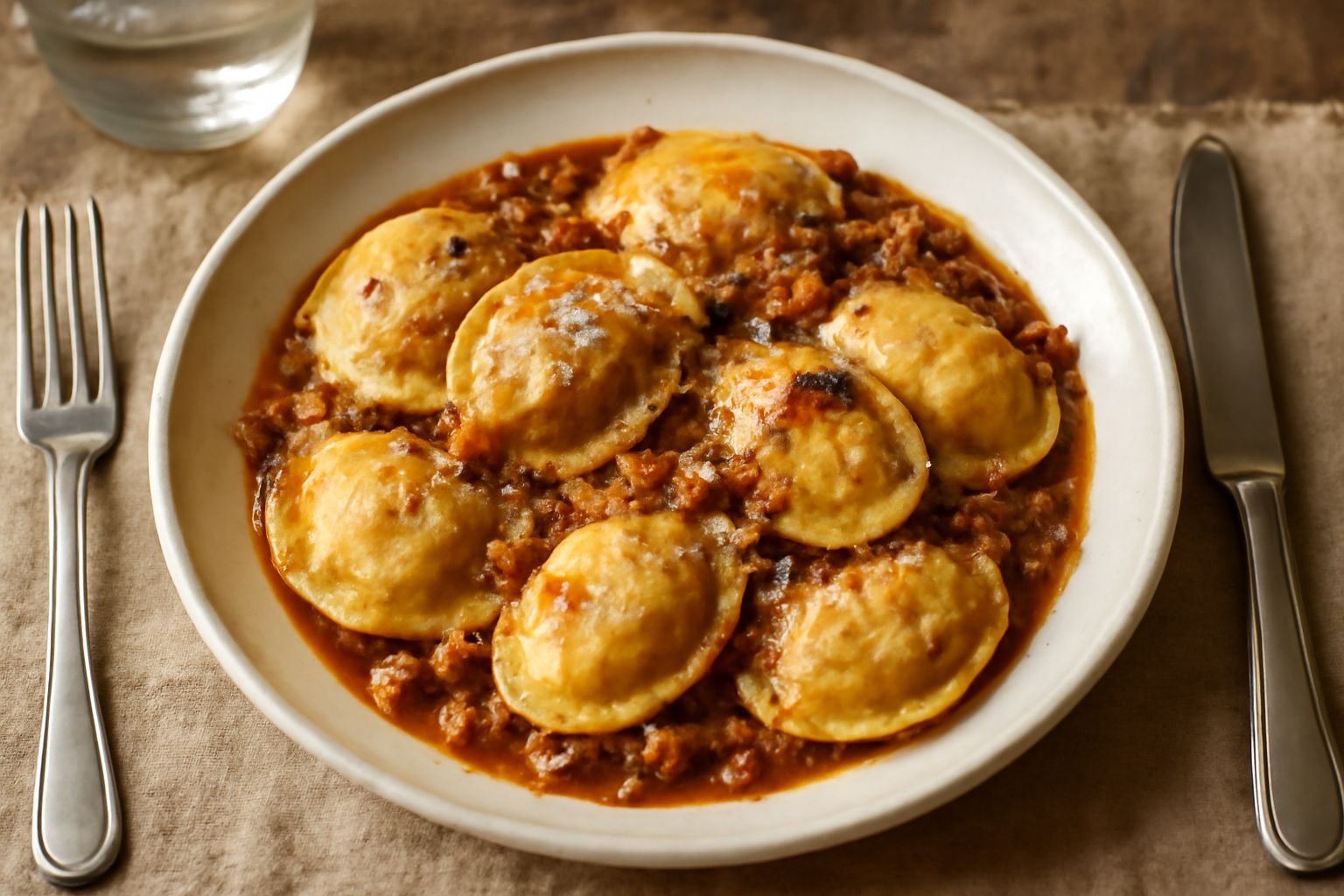 Piatto bianco con tre porzioni di vespolina, pasta giallo-oro con ripieno visibile al taglio, condite con ragù marrone chiaro e grattugia di parmigiano bianca, contornate da prezzemolo fresco verde