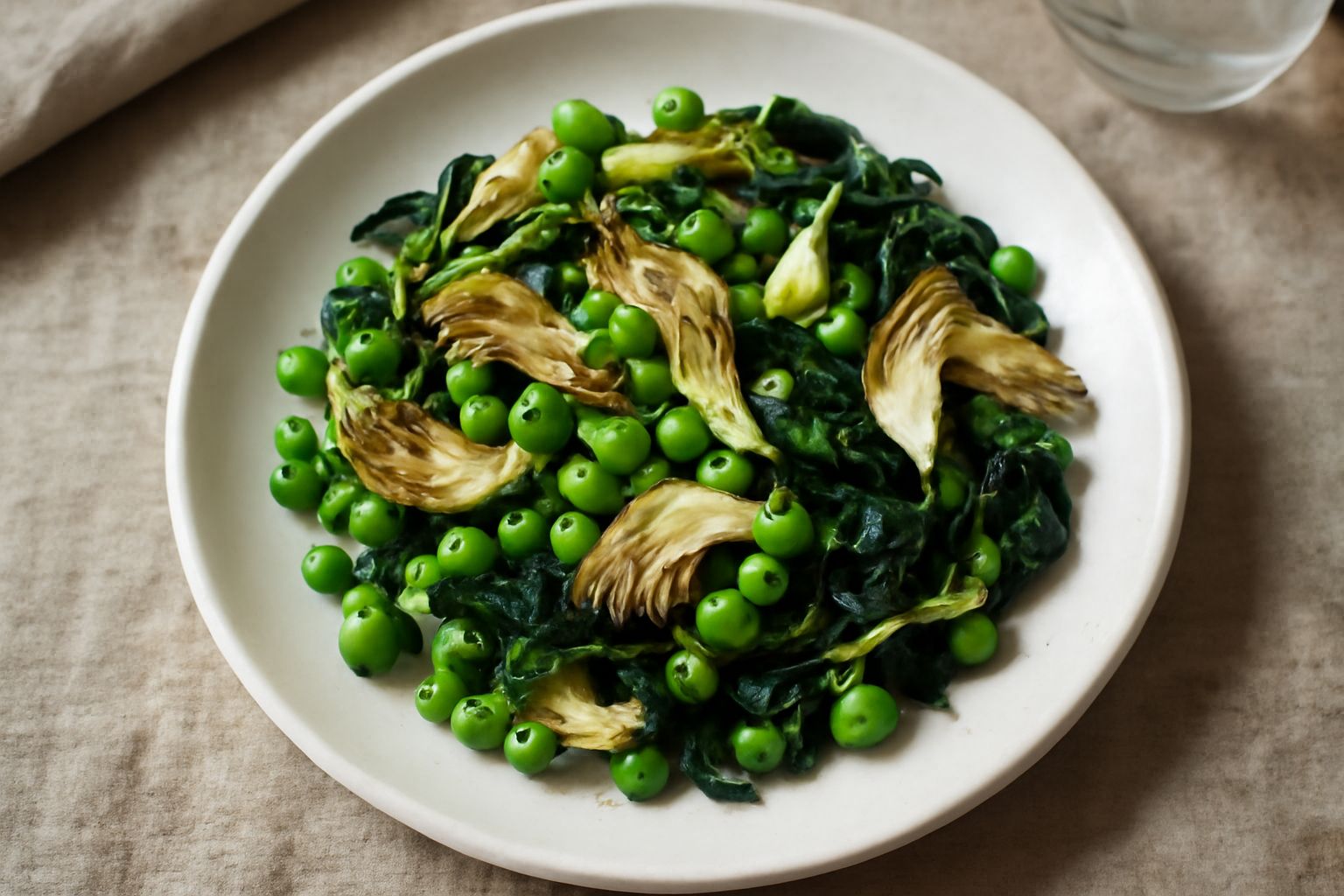 Vignarola servita in piatto bianco: fave verdi, piselli luminosi, pezzi di carciofo e cicoria scura saltati in olio, con aglio visibile, cotta al dente