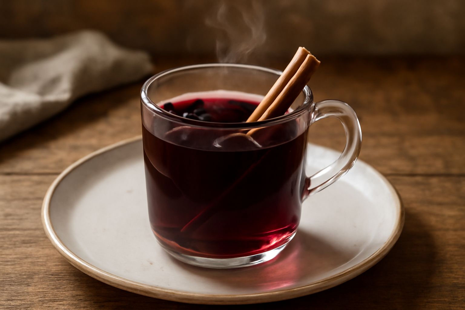 Bicchieri di vin brûlé mantovano con vino rosso fumante, guarniti da una stecca di cannella, su uno sfondo di legno scuro con spezie sparse