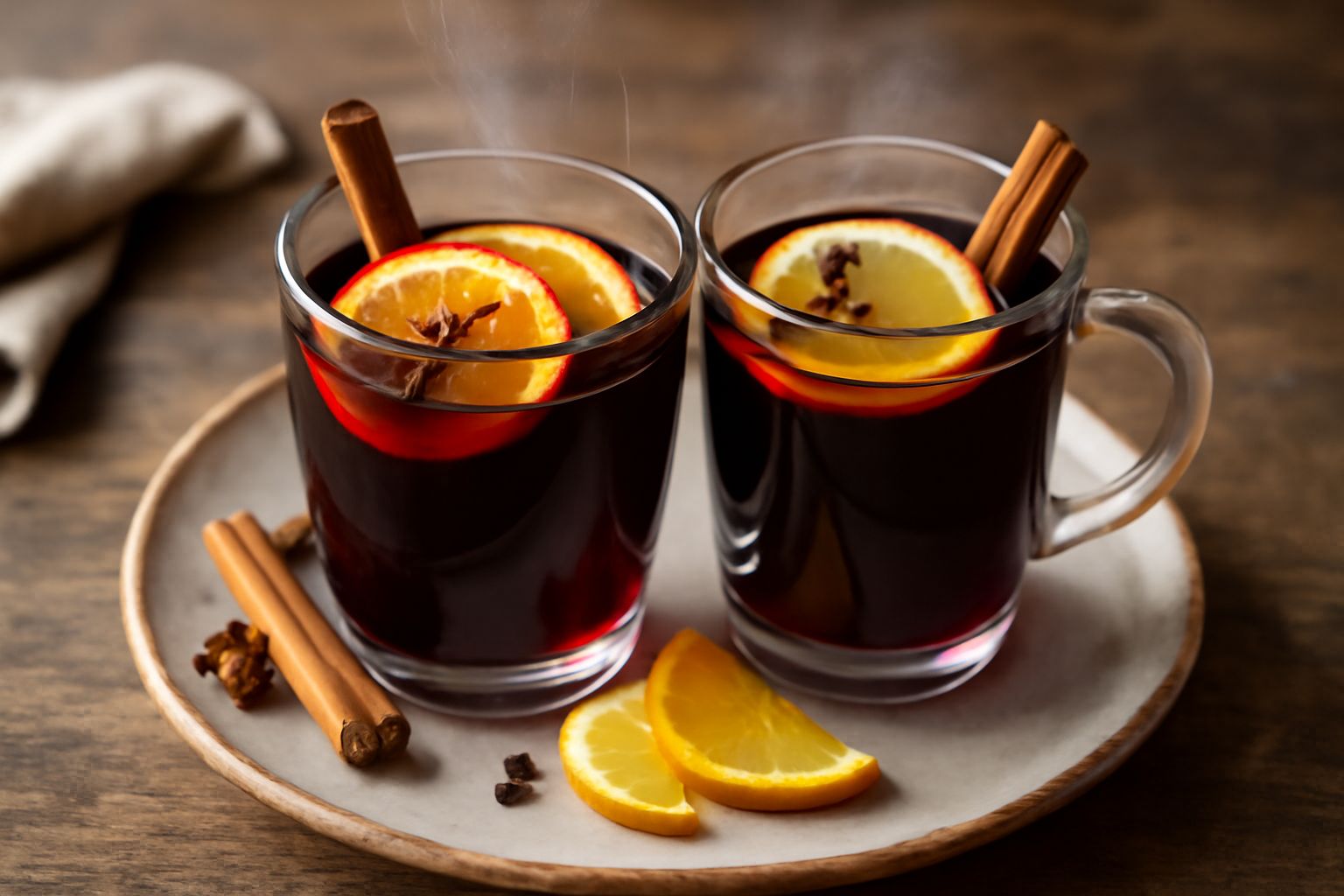 Bicchiere di vetro trasparente con vin brulé rosso scuro, una stecca di cannella e una fetta di arancia galleggiante in cima, vapore caldo che sale dalla superficie, sfondo sfocato con decorazioni inv