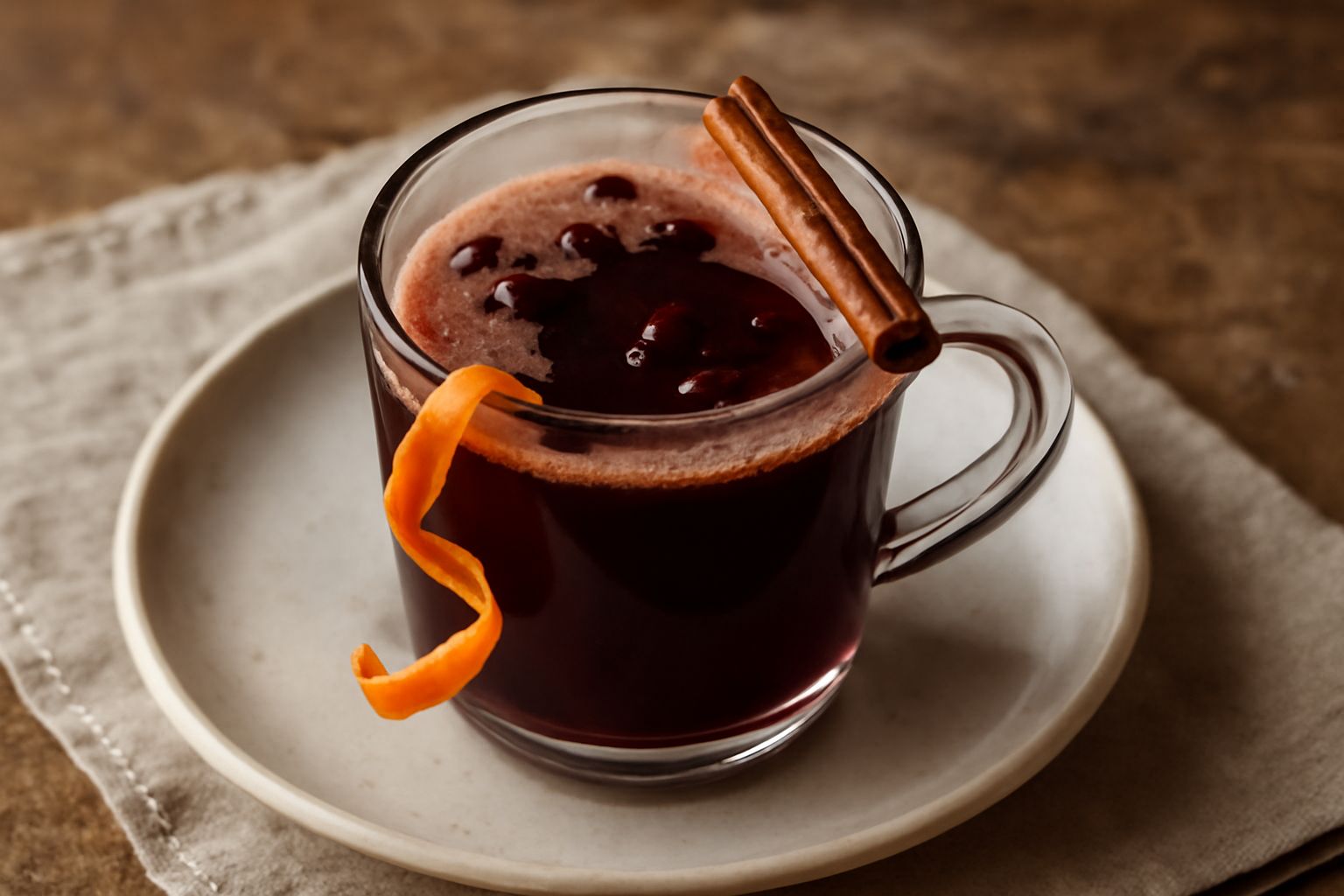 Bicchiere di vin brulé alla spezzina con colore rosso scuro, cannella intera sulla superficie, scorza d'arancia arricciata, piccole stelle di anice, vapore che sale dal bicchiere trasparente di crista