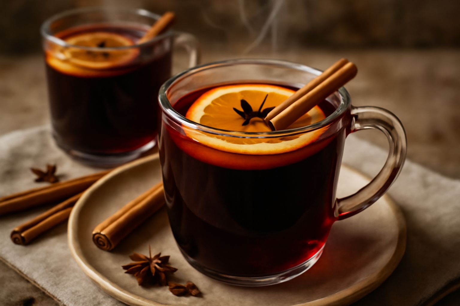 Bicchiere trasparente con vin brulè rosso scuro, vapore che sale, bastoncino di cannella e fetta d'arancia appoggiati al bordo, sfondo sfocato con luci calde invernali