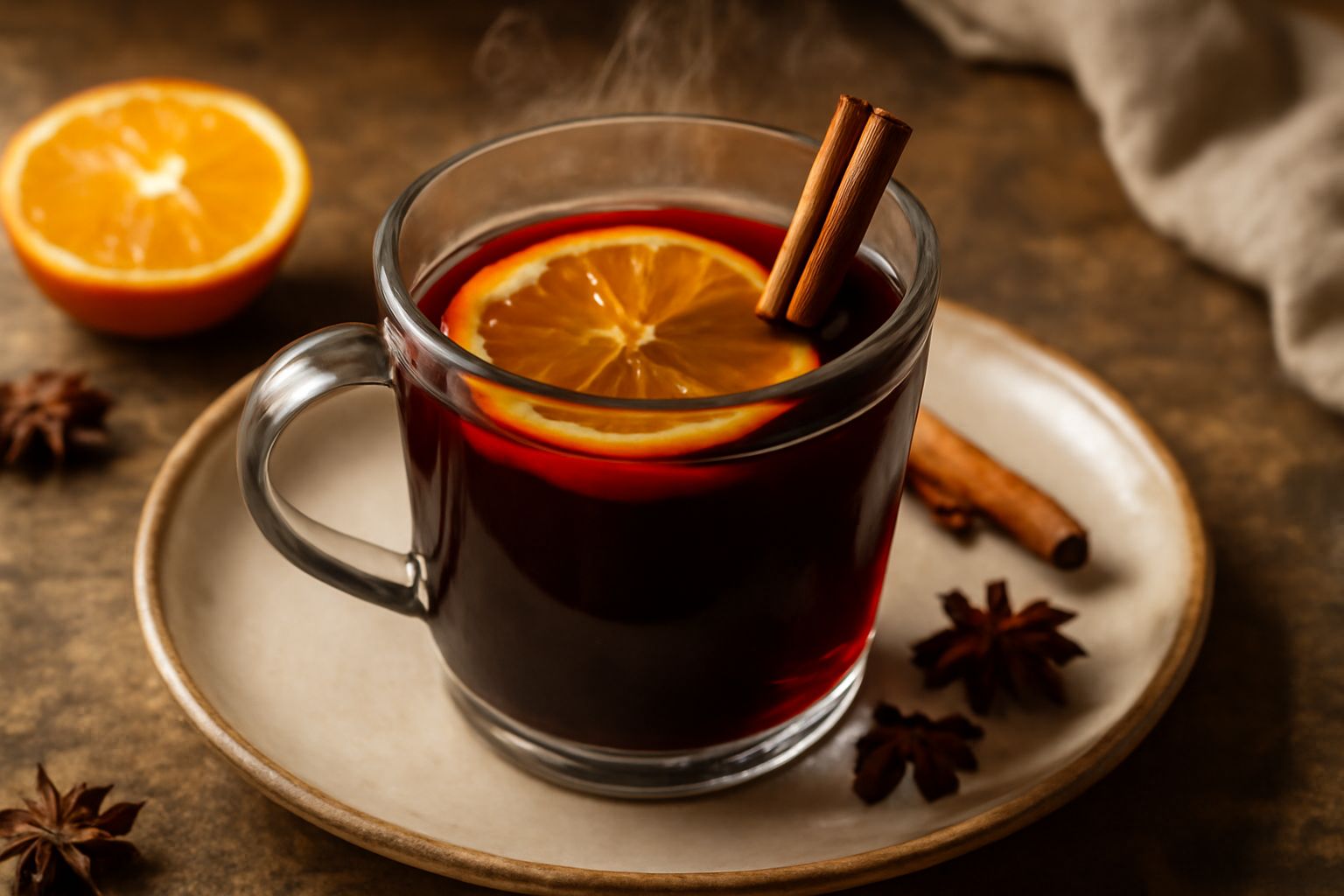 Bicchiere di vin brulé calabrese con liquido rosso profondo, fettina di arancia fresca galleggiante, vapore visibile, cinnamon stick in primo piano, su sfondo di tavolo in legno scuro con candela acce