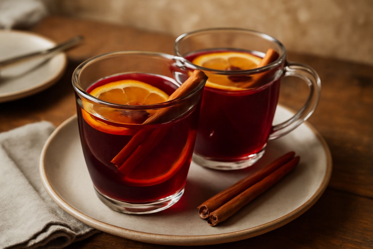 Bicchieri di vetro trasparente pieni di vin brulé rosso scuro con una stecca di cannella e una fettina d'arancia galleggiante, vapore visibile sul bordo, serviti su una tovaglia di lino crema