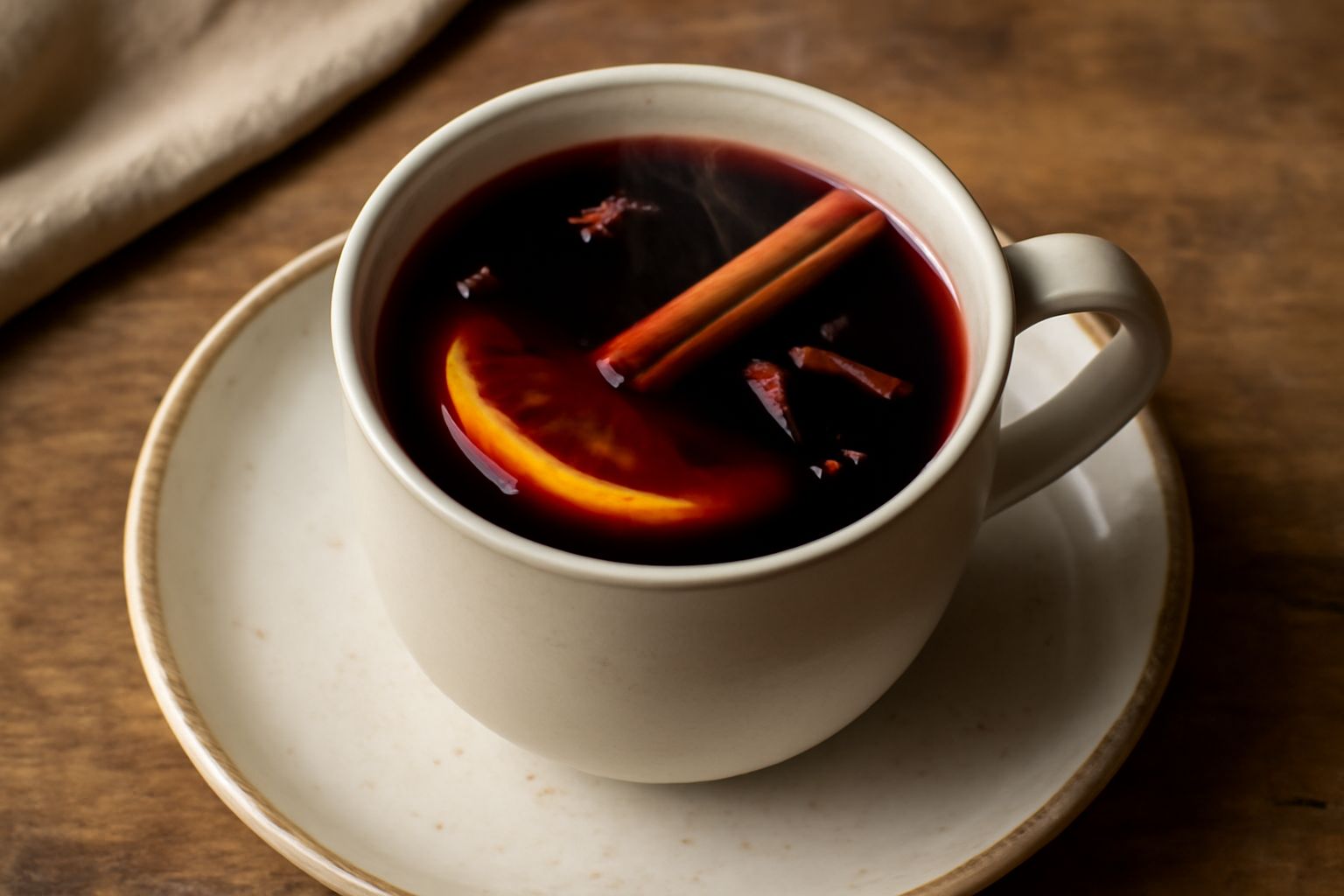 Vin brulé in tazza bianca di ceramica con cannella e buccia d'arancia, vapore che sale, fondo sfocato con spezie e bottiglia di vino rosso