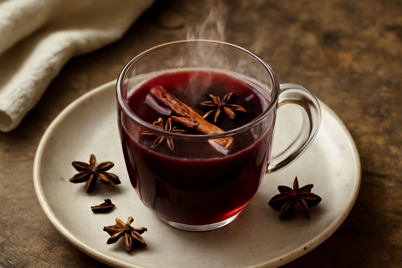 Bicchiere di vetro trasparente con Vin Brulè rosso profondo, guarnito con cannella e una stella di anice, vapore visibile, tavolo scuro di fondo con una bottiglia di vino rosso sfocata