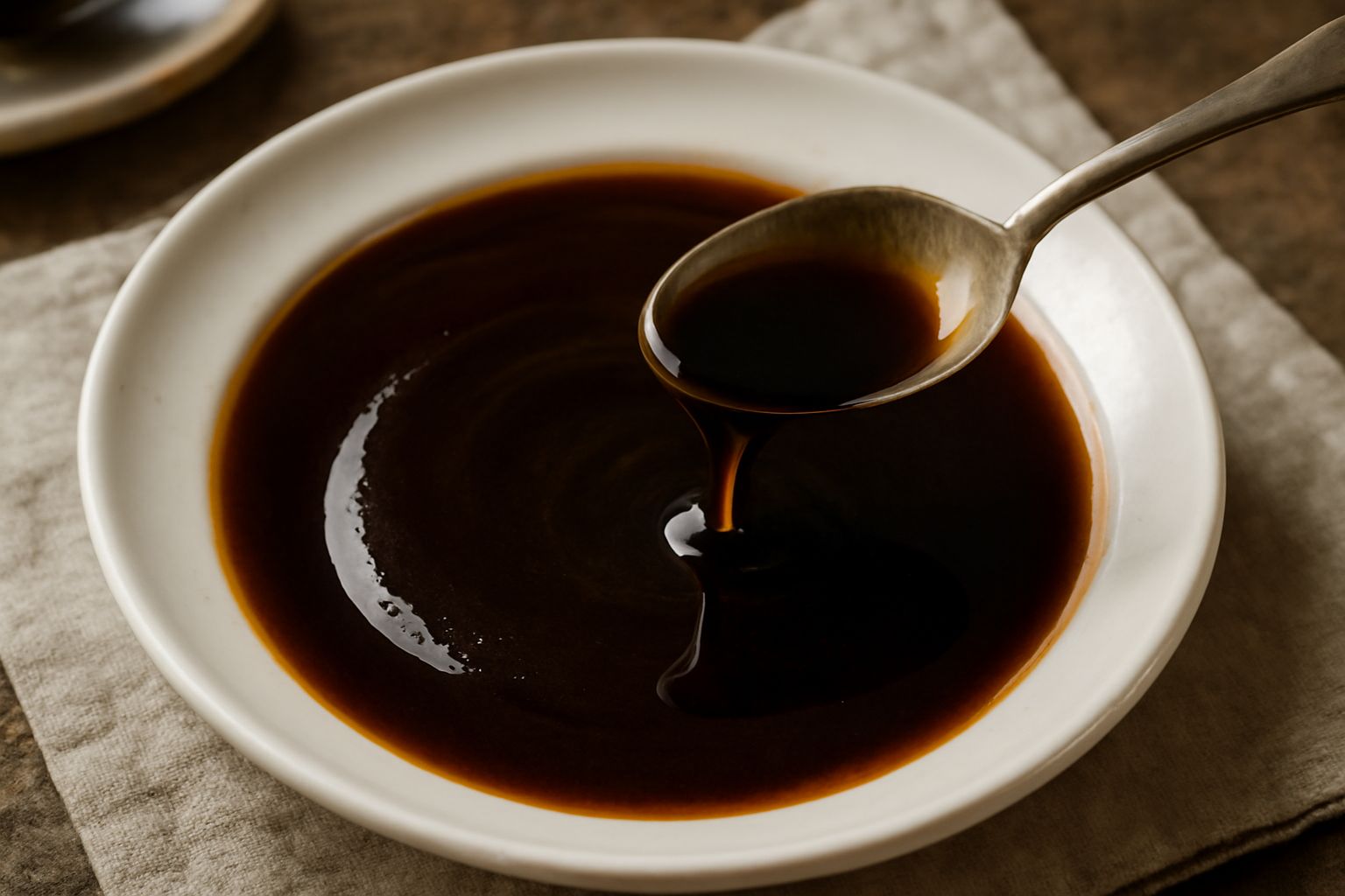 Vin cotto denso e scuro in un barattolo di vetro trasparente, con riflessi ambrati alla luce, accanto a grappoli d'uva rossa e un cucchiaio di legno immerso nel liquido denso