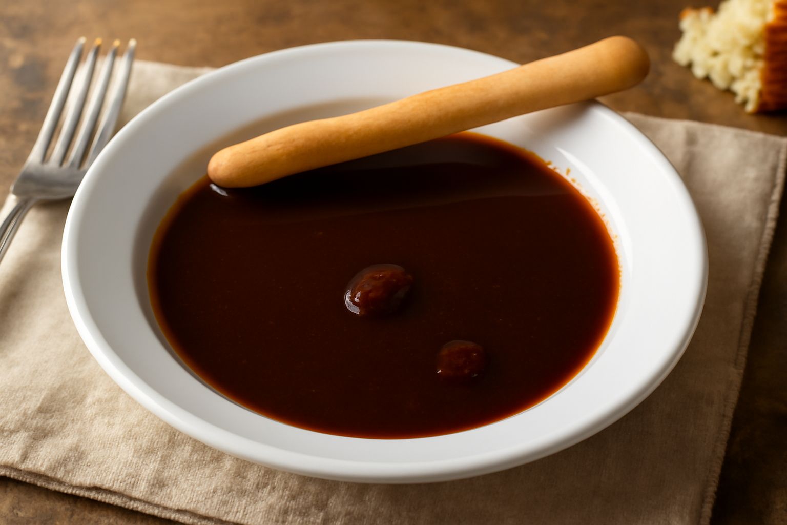 Bicchiere trasparente con bevanda marrone scura e spezie, vin di uva passa servito tiepido con bastoncino di cannella e uvetta visibile sul fondo, sfondo neutro