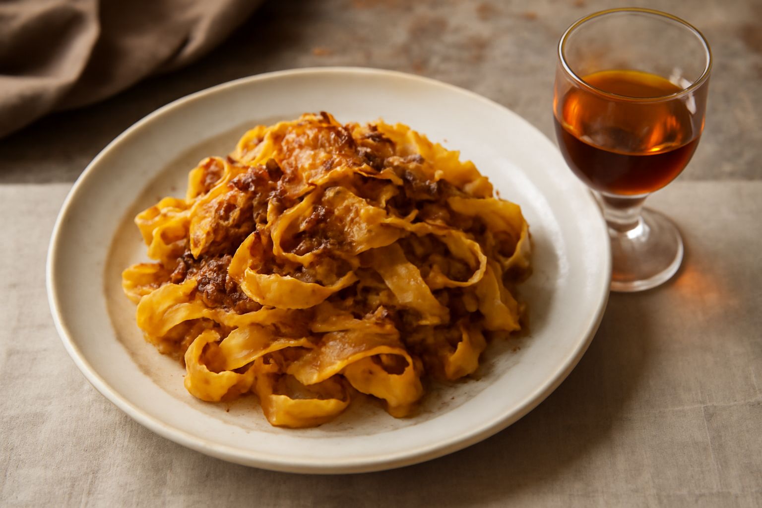 Bicchiere di vin santo color ambrato con riflessi dorati accanto a cantuccini croccanti su piattino bianco, sfondo neutro