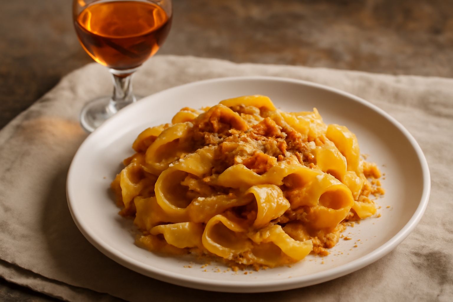 Bicchiere di Vin Santo dal colore ambrato dorato, con biscotti cantucci posati sul piattino, su fondo di legno rustico