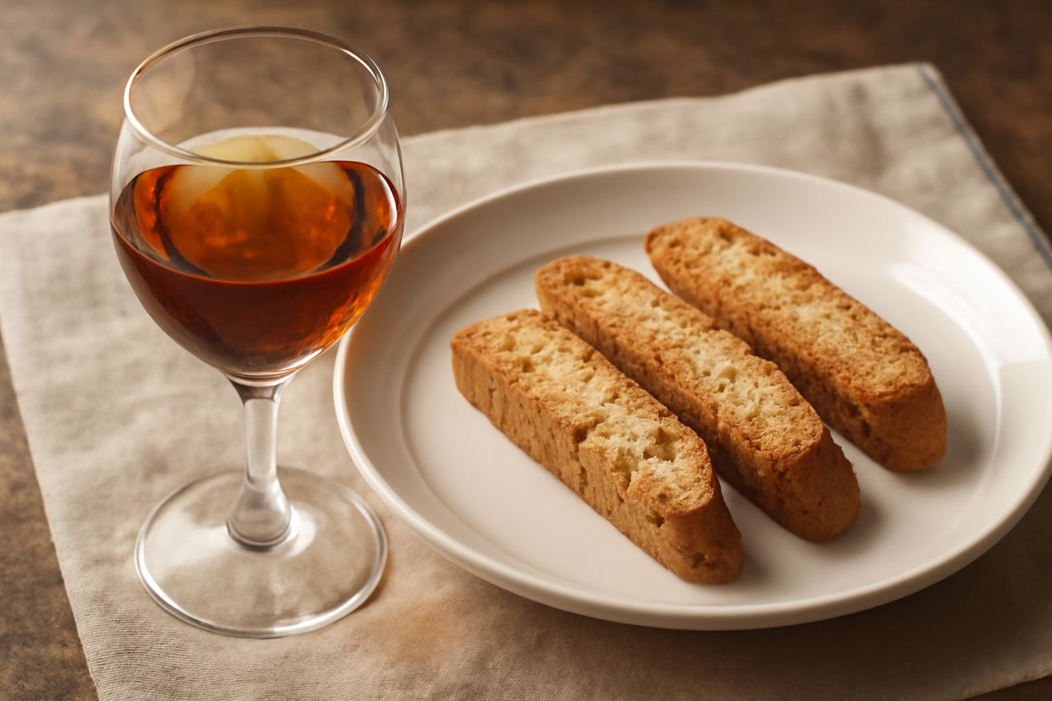 Bicchiere di Vin Santo di Montepulciano dal colore ambrato dorato, su tavolo in legno rustico con sfondo di bottiglie antiche e uva appassita in cesta di vimini