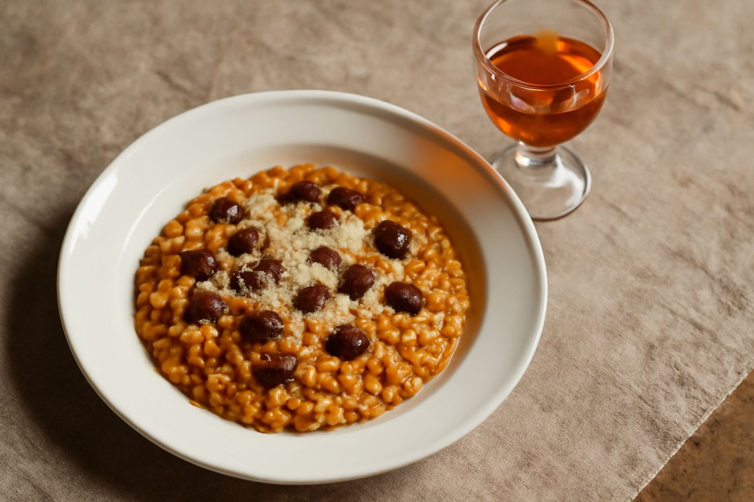 Bicchiere di Vin Santo color ambra dorato con riflessi trasparenti su tavolo di legno, grappoli d'uva bianca secchi sfocati sullo sfondo