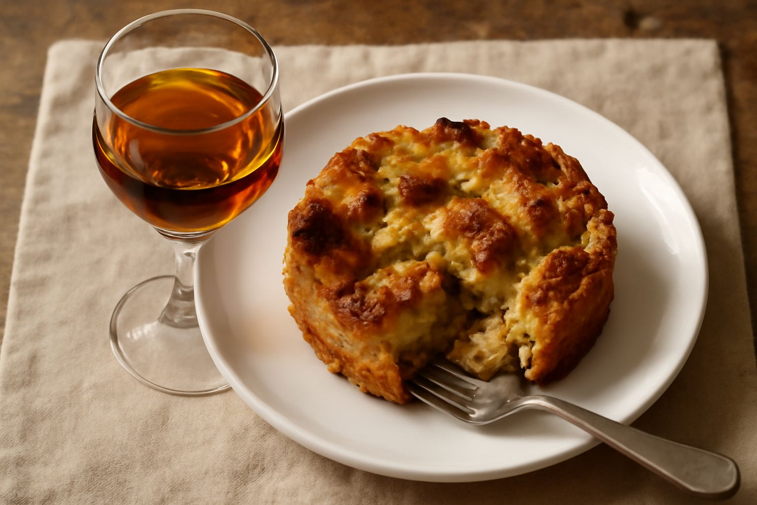 Bicchiere di Vin Santo marchigiano color ambra dorato con riflessi chiari, contenuto versato a metà, su sfondo neutro con grappoli d'uva appassita sfocati accanto