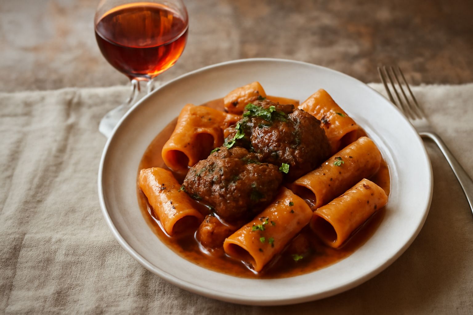 Bicchiere di Vin Santo Occhio di Pernice con tonalità ambrata e riflessi rosati, servito a temperatura ambiente su tavolo di legno chiaro, con sfondo di uva bianca e acini rossi