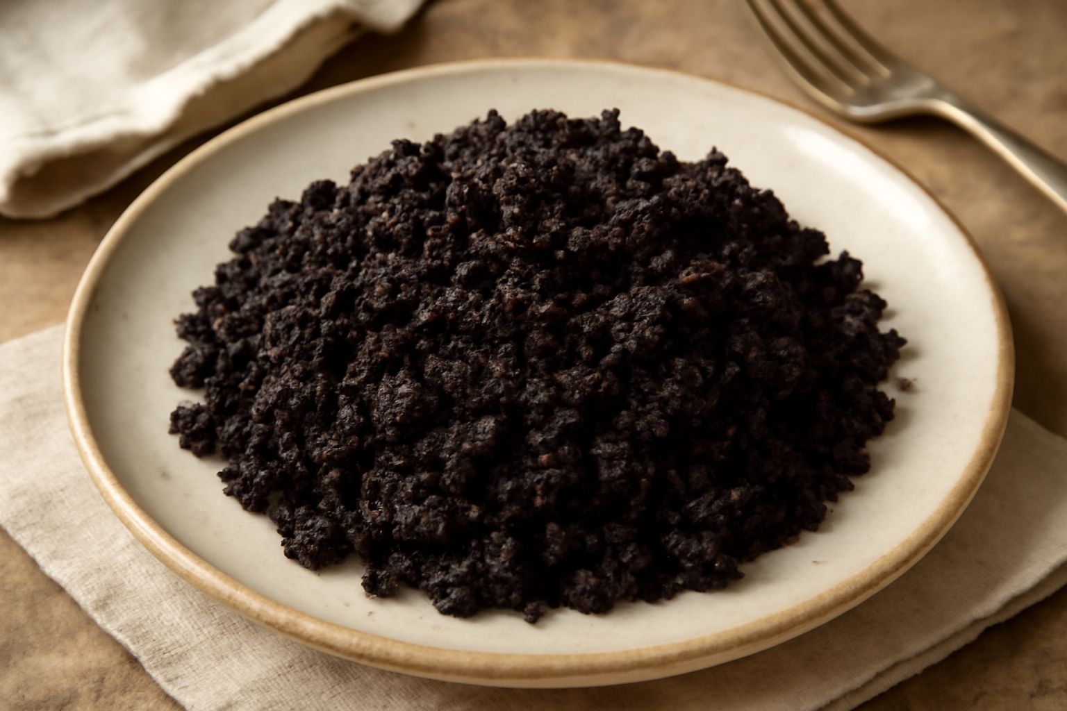 Vinaccia fresca su un piano di legno con bucce scure e semi visibili, accanto a un bicchiere di infuso color ambra e una piccola ciotola di farina marrone