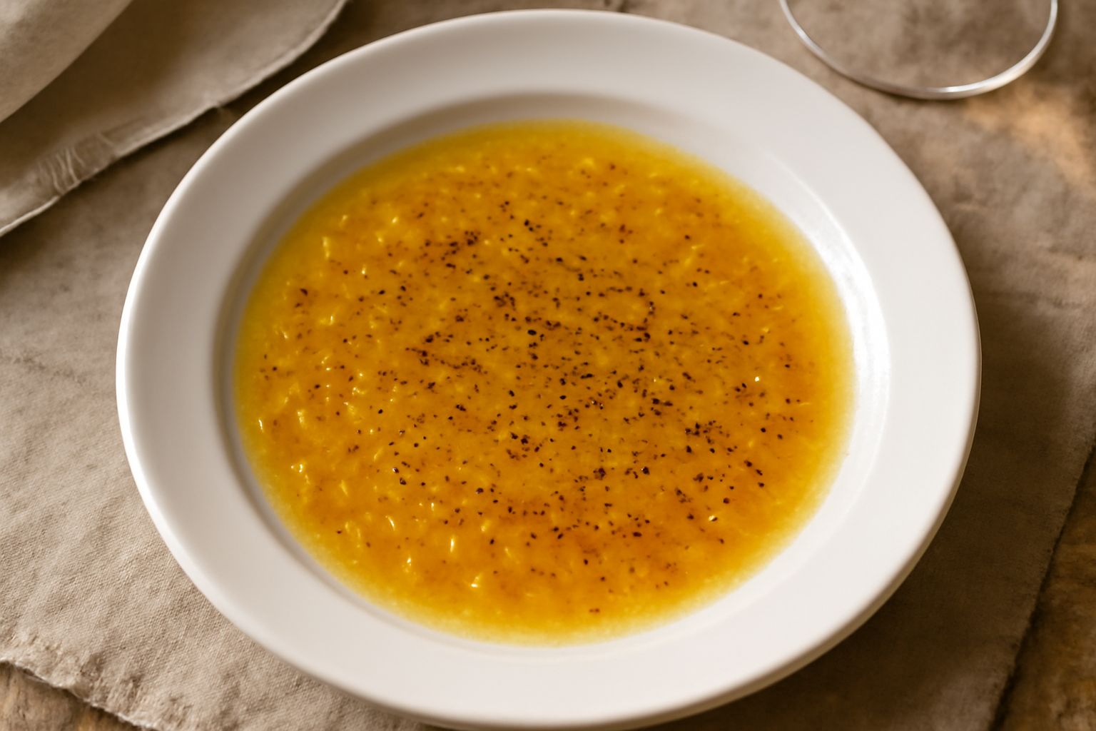 Vinaigrette friulana in ciotola di vetro con emulsione dorata, accanto bottiglie di aceto e olio, con foglie di prezzemolo fresco sul piano di marmo bianco