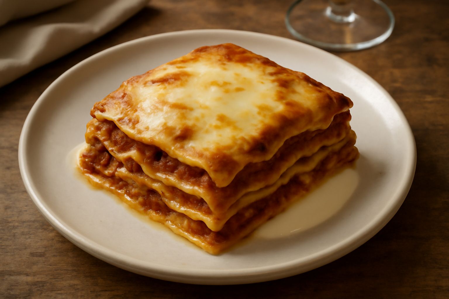 Vincigrassi fumanti nel piatto bianco, lasagna dorata con sfoglia all'uovo, ragù rosso scuro visibile tra gli strati, besciamella cremosa sulla superficie, bordo croccante dorato, pezzetti di pancetta