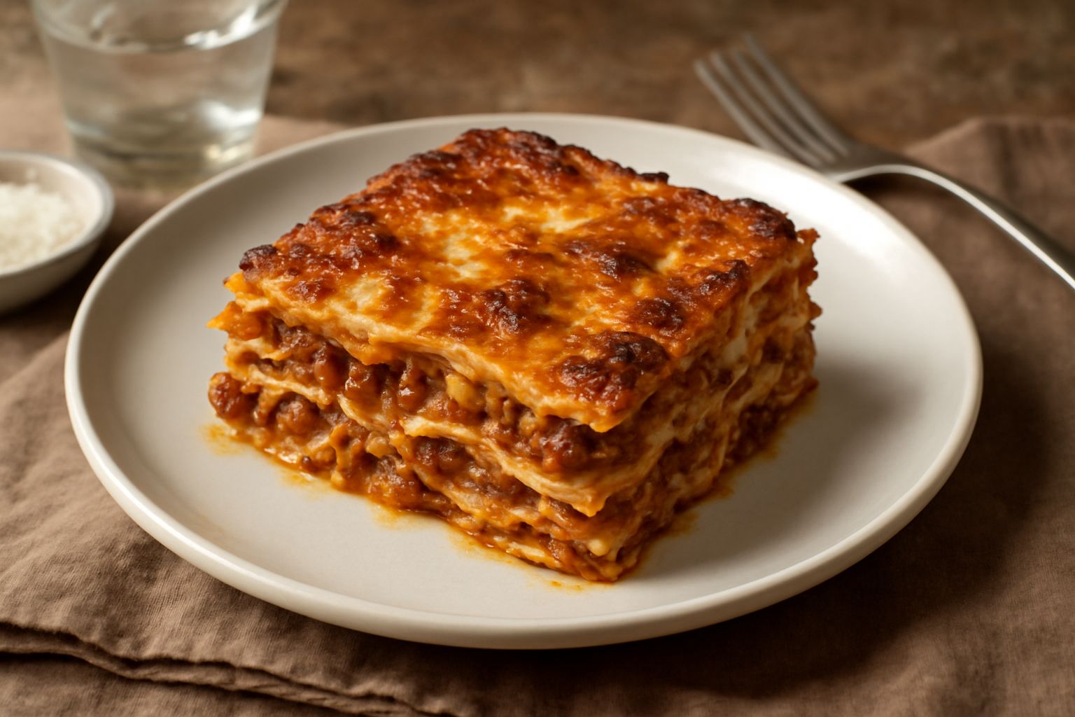 Vincisgrass appena sfornato, dorato in superficie con crosta di formaggio gratinato, tagliato in porzioni rettangolari, ragù visibile tra gli strati di pasta