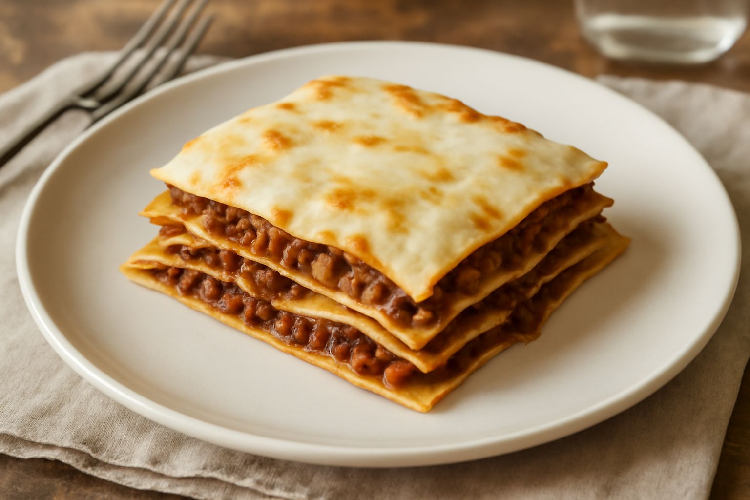 Vincisgrassi in porzione disposto su piatto bianco con sfoglia dorata visibile dal taglio, salsa ragù marrone scuro e besciamella cremosa bianca sulla superficie, contorno di prezzemolo fresco tritato