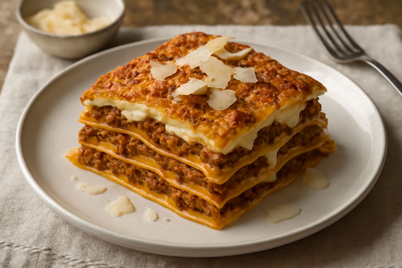 Una porzione di vincisgrassi tagliata di fresco, mostrando gli strati di pasta gialla, ragù scuro e béchamel cremosa, guarnita con scaglie di tartufo nero, su un piatto bianco
