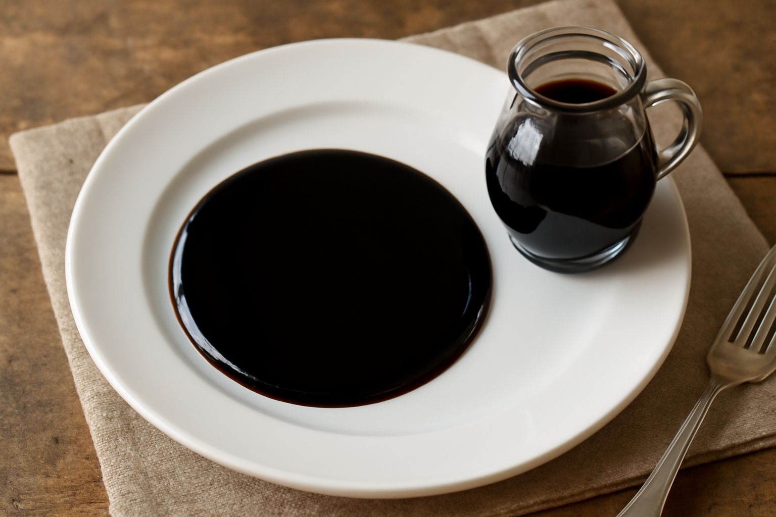 Vincotto marrone scuro lucido in una ciotola bianca, con un cucchiaio di legno immerso nel concentrato denso e brillante