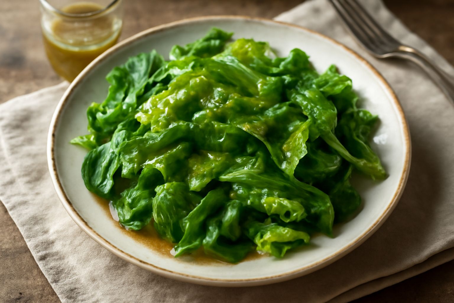 Condimento aceto e olio in una ciotola di vetro, trasparente e leggermente emulsionato, con una cucchiaiata di olio dorato e gocce di aceto color ambra, accanto a una foglia di insalata verde