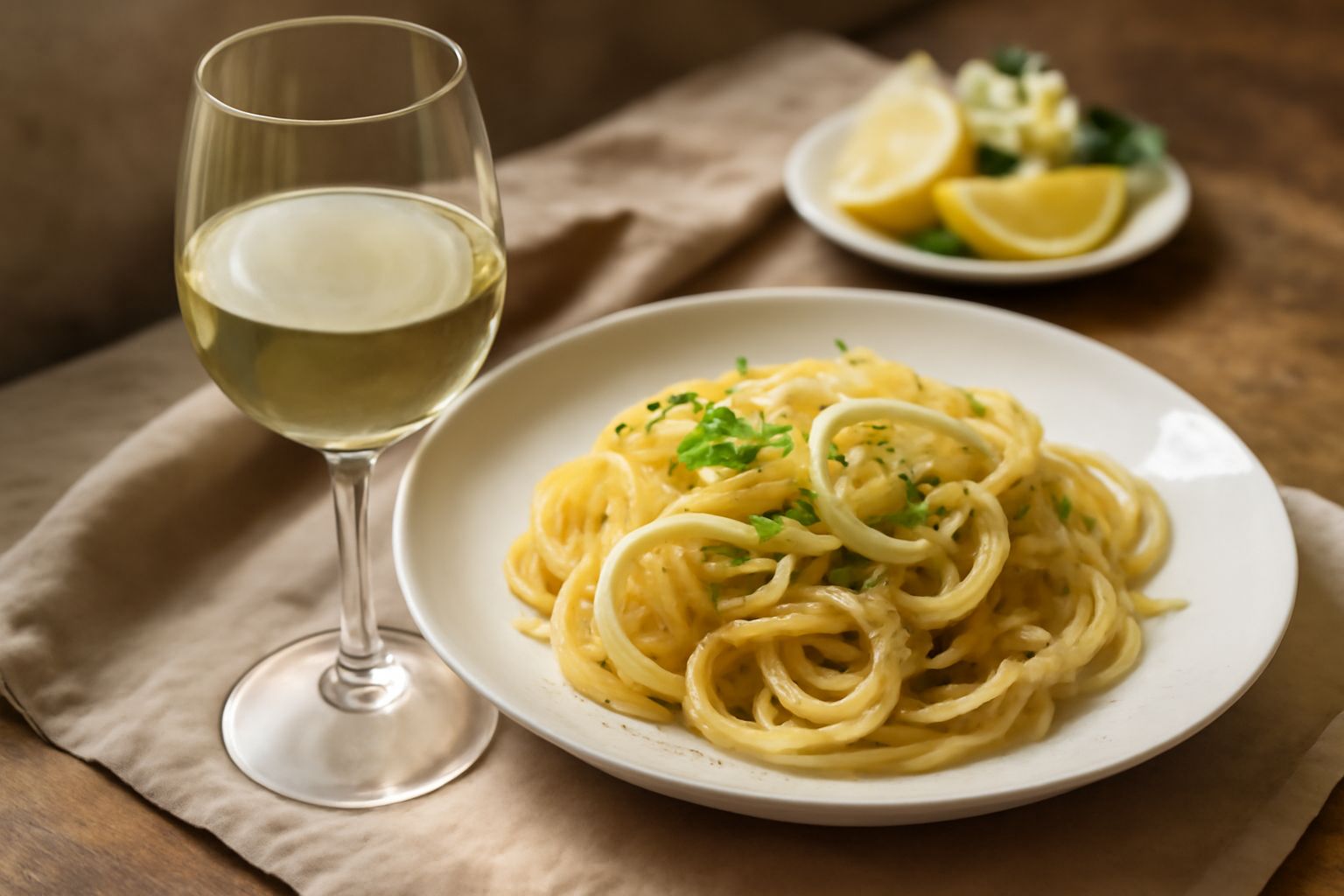 Calice di vino Bellone color giallo paglierino con riflessi verdognoli, servito a tavola con un sottofondo di piatto di pesce bianco e limone fresco