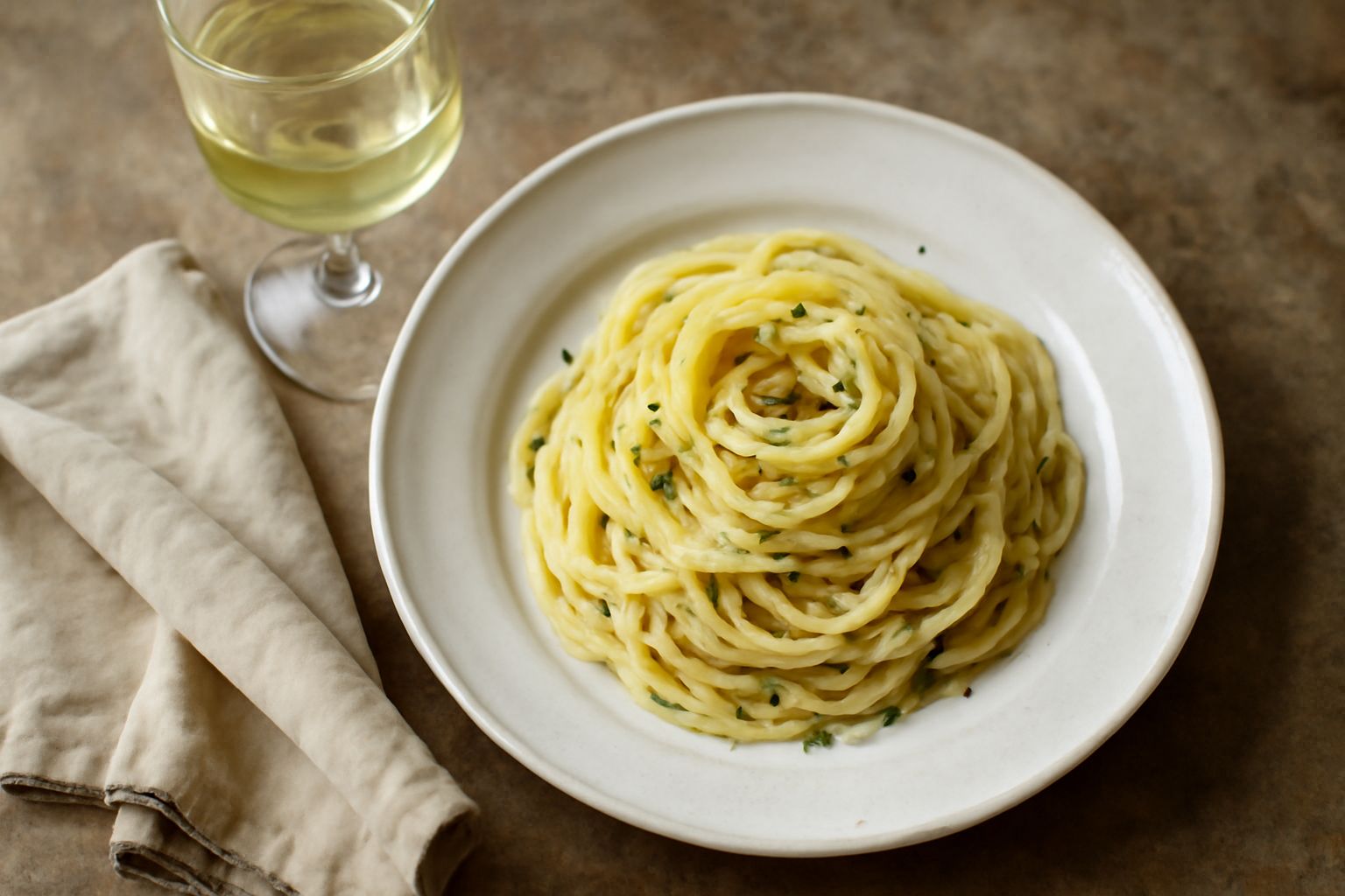 Calice di vino bianco Blanc de Morgex con riflessi gialli paglierini, servito freddo su tavolo in legno con sfondo di montagne innevate valdostane e una bottiglia etichettata a fianco