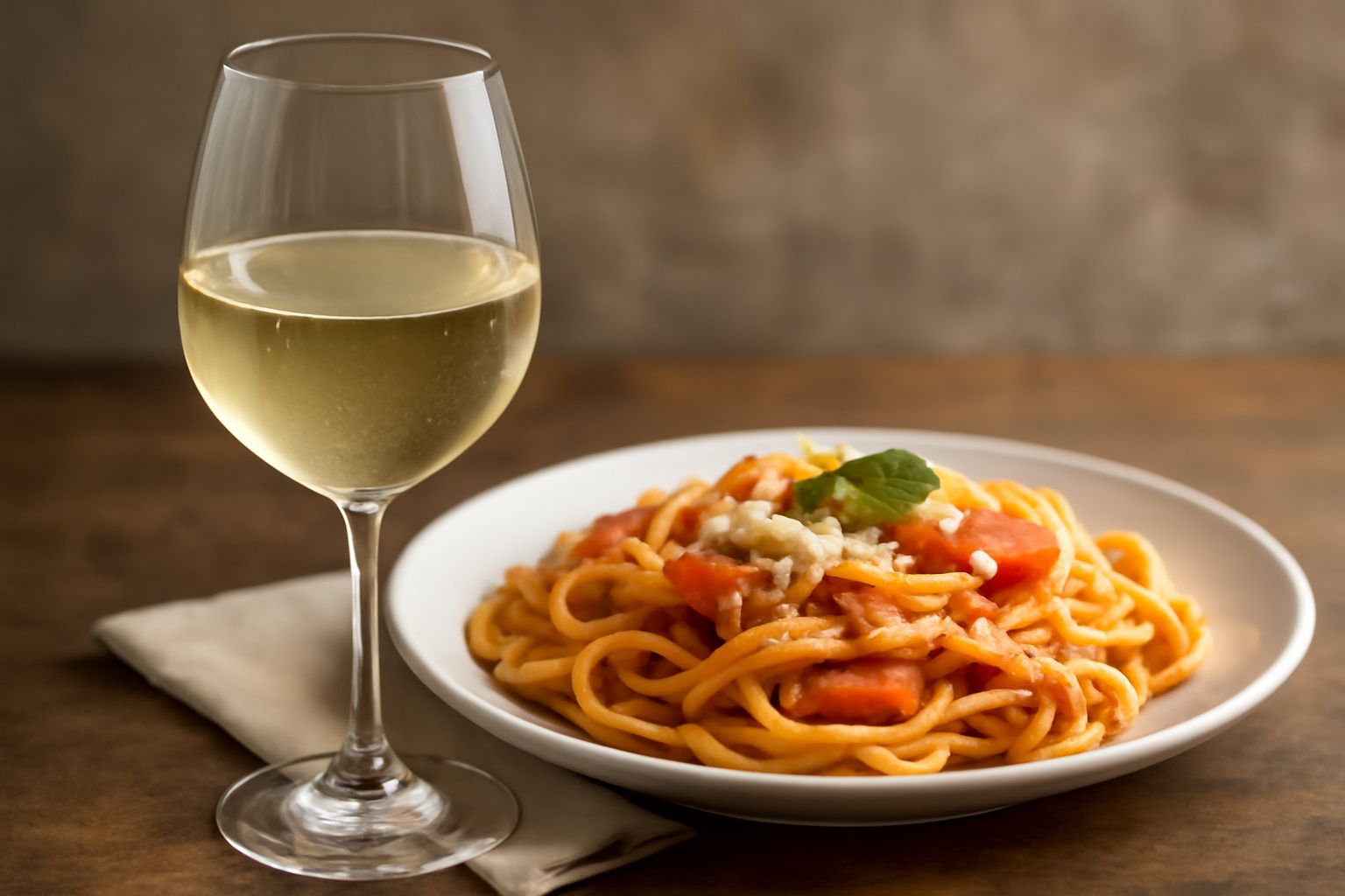 Un calice di vino bianco trasparente e paglierino riempito a metà, con un sottofondo di colline verdeggianti e una bottiglia di vino su un tavolo di legno