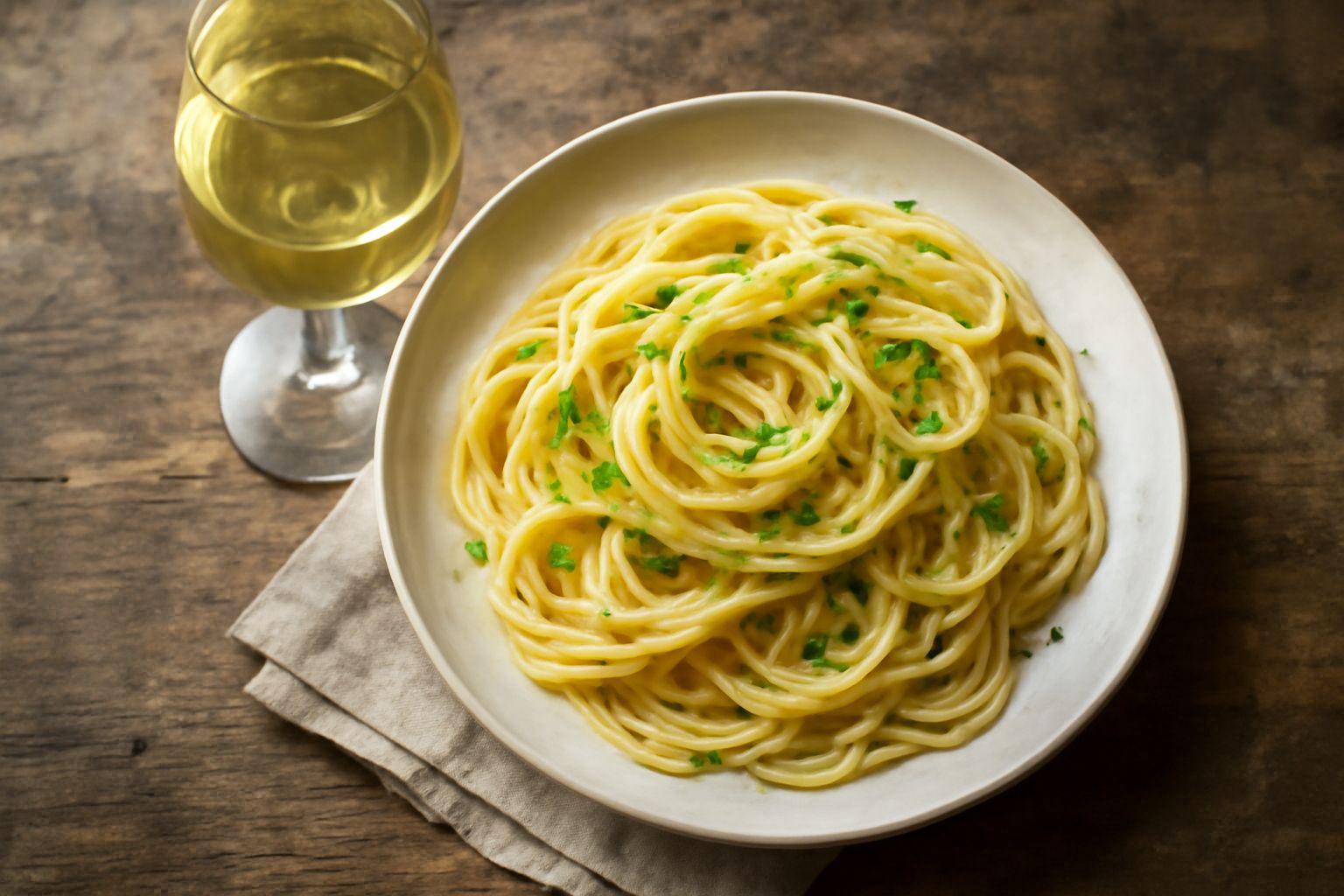 Un bicchiere di vino bianco trasparente dai riflessi giallo-oro, servito su una tavola di legno con un piatto di pesce al forno e limone fresco accanto