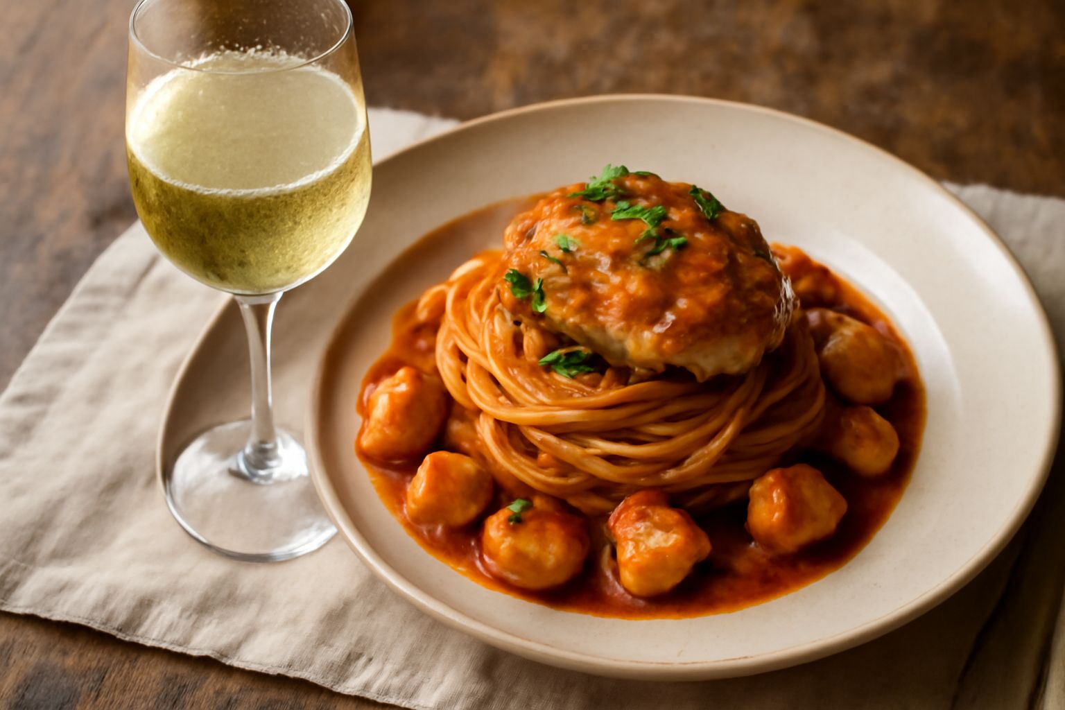 Bicchiere di vino bianco trasparente e dorato su tavolo di legno, con sfondo di coste rocciose e mare blu della costiera, limone fresco e spighe di grano a lato