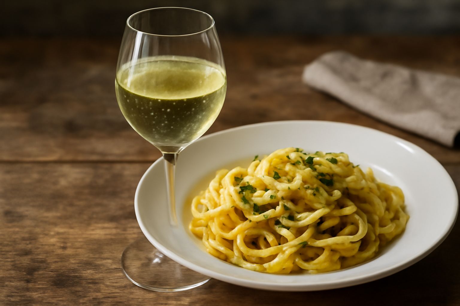 Calice di vino bianco trasparente e dorato con riflessi giallo paglierino, servito su tavolo di legno con vista sul lago e colline sullo sfondo