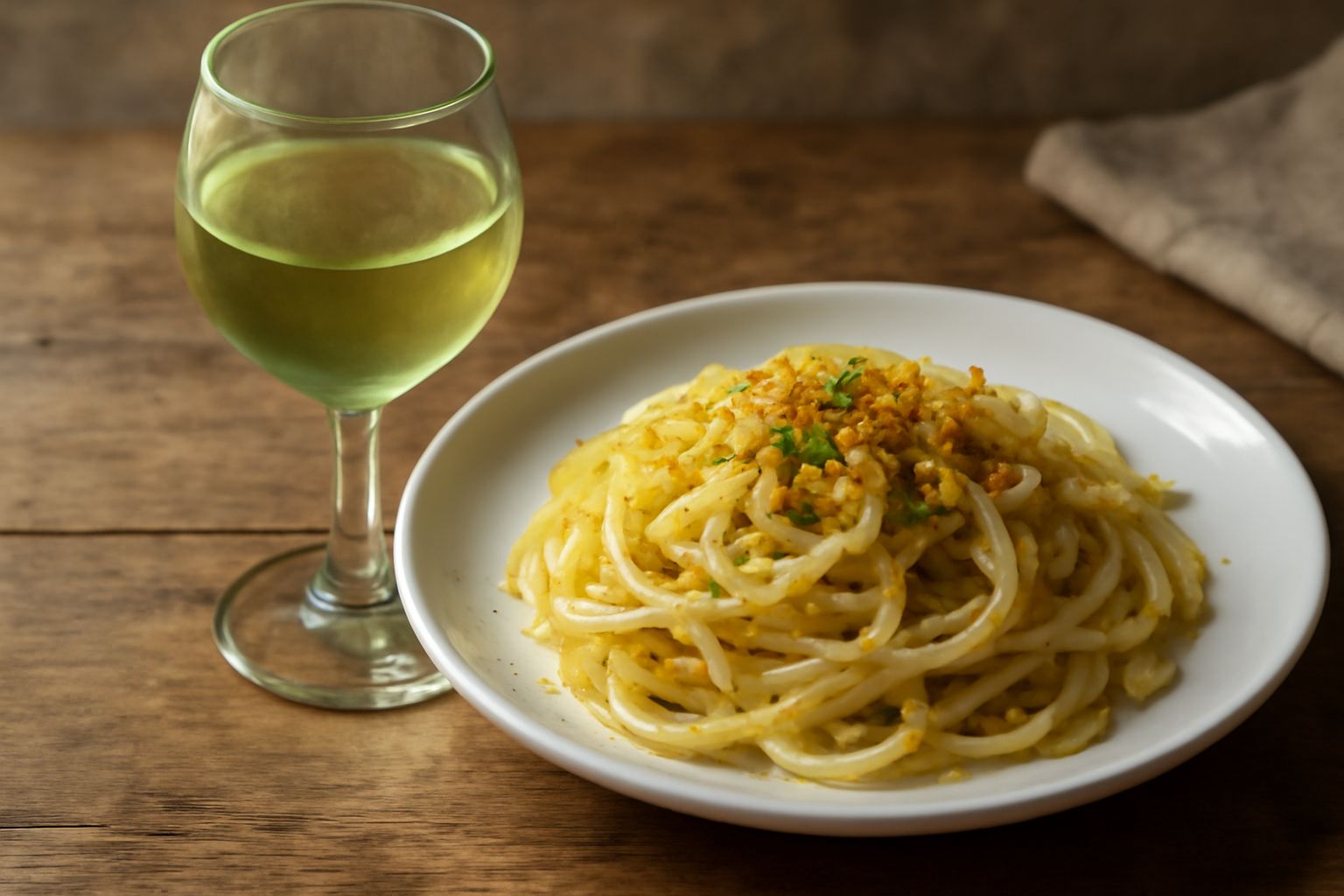 Calice di vino bianco paglierino con riflessi verdognoli, seduto su tavolo di legno accanto a filetti di pesce fresco crudo e rucola verde