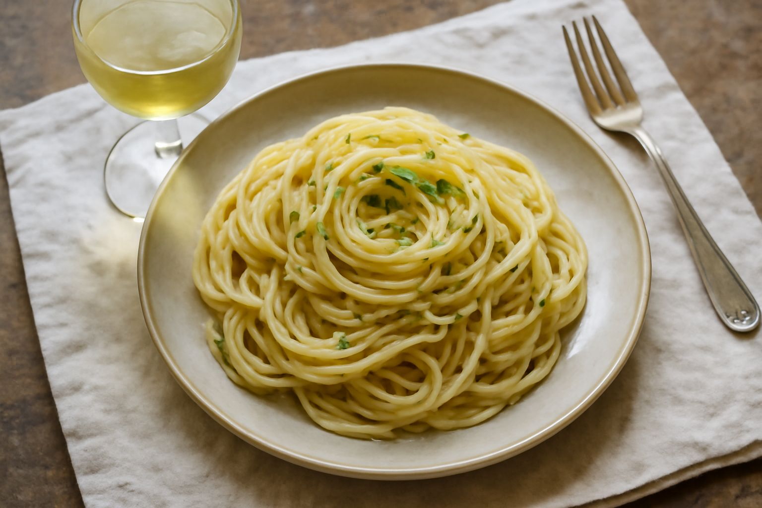 Bicchiere di vino bianco paglierino con riflessi dorati, servito freddo su un tavolo di legno chiaro accanto a un piatto di pesce al forno con contorno di verdure grigliate.