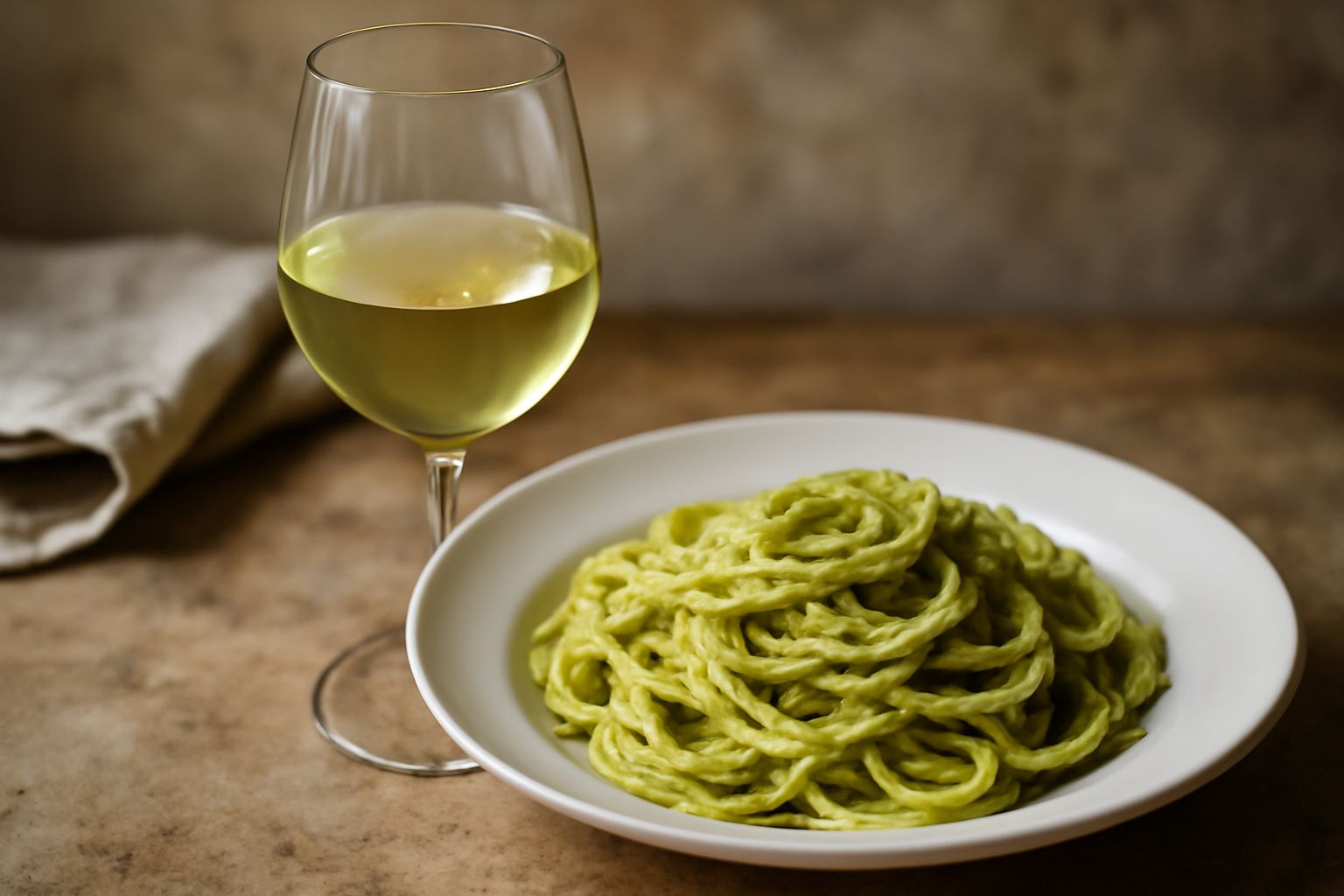 Calice di vino bianco trasparente con riflessi giallastri, servito su fondo di paesaggio montuoso con vigneti verdi e montagne innevate sullo sfondo