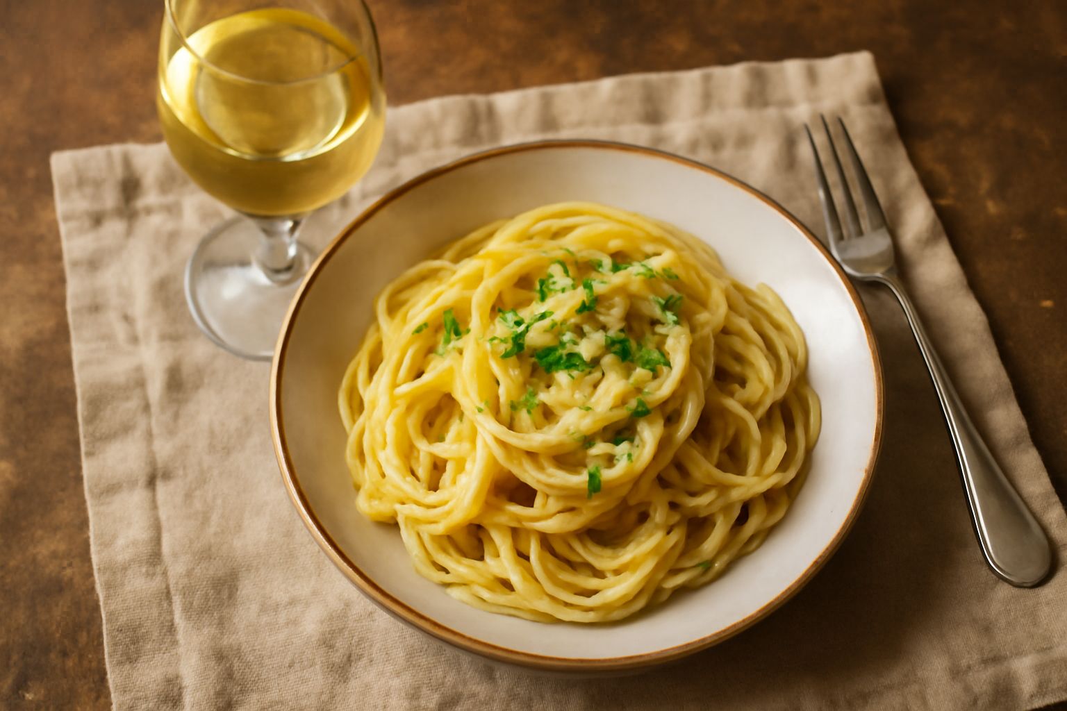 Bicchiere di vino bianco trasparente e luminoso con riflessi giallo paglierino, in tavola accanto a piatto con orata al forno e limone fresco, sfondo di luce naturale