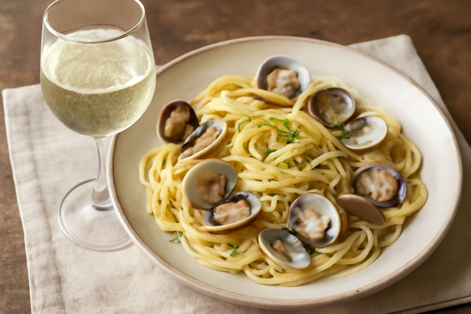 Calice di vino bianco trasparente, servito a temperatura ideale, con sottofondo il mare di Mondello e vigneti collinari al tramonto