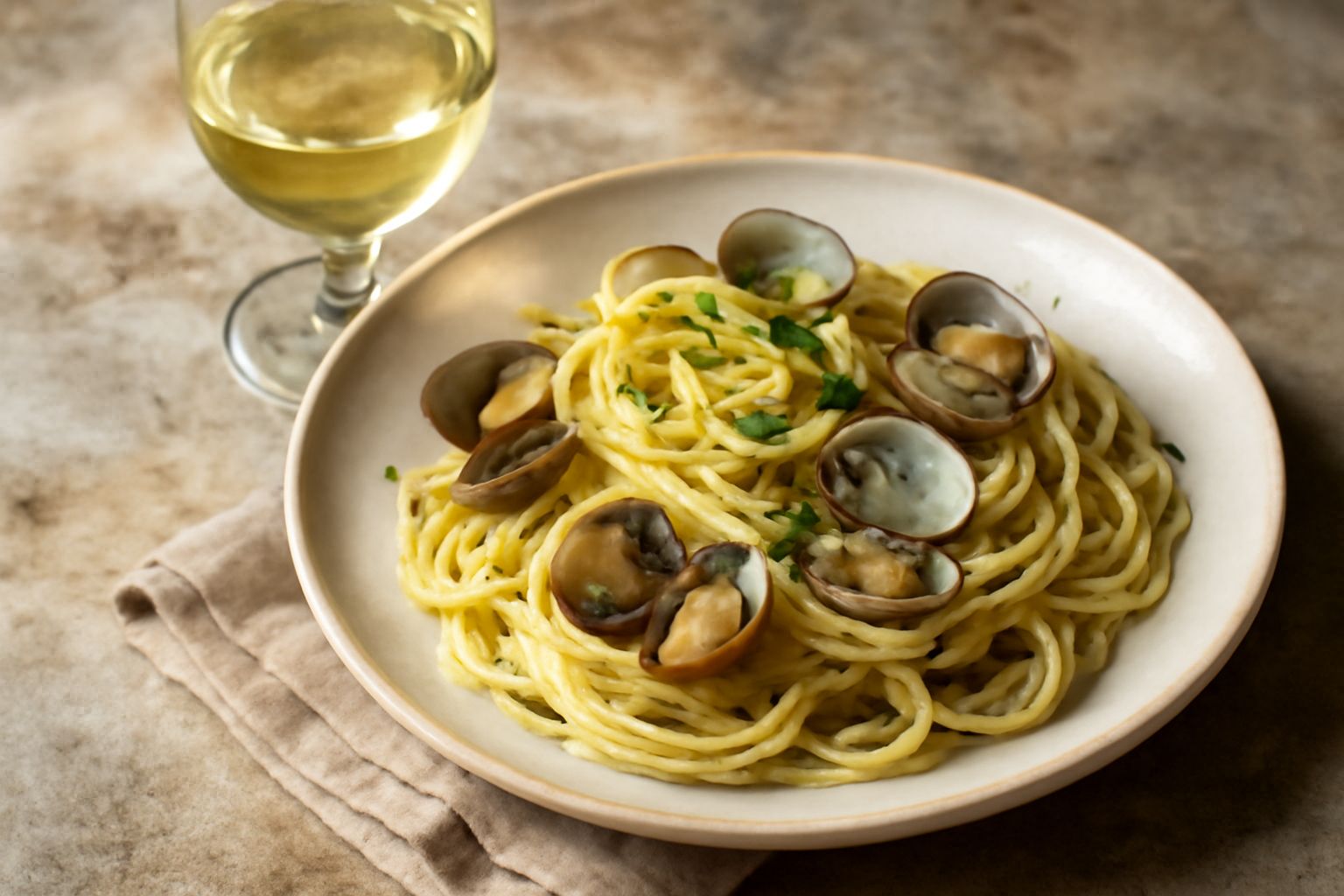 Calice di vino bianco trasparente con riflessi giallastri, accanto a filetti di branzino crudo, zucchine grigliate e limone fresco su piatto bianco