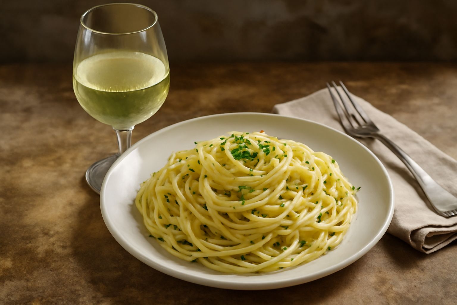 Calice di vino bianco di Montecarlo su tavolo in legno con piatto di pesce e limone fresco, luce naturale
