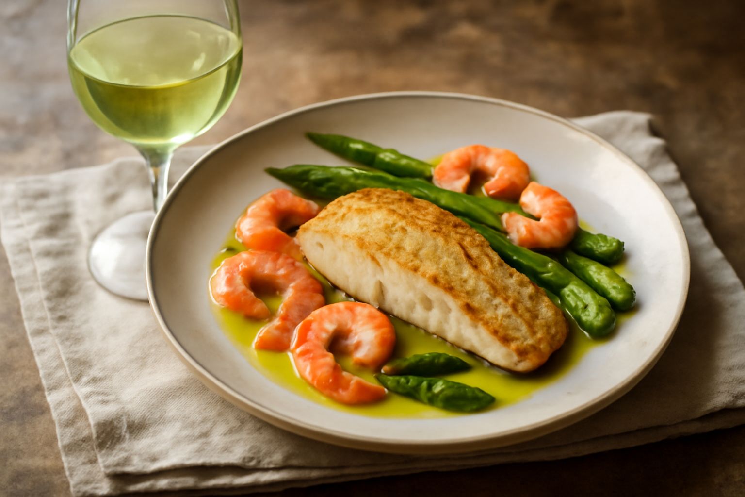 Bicchiere di vino bianco secco di colore giallo paglierino con bottiglia sullo sfondo, accanto a un piatto con branzino filettato, limone fresco e prezzemolo verde su fondo di legno naturale