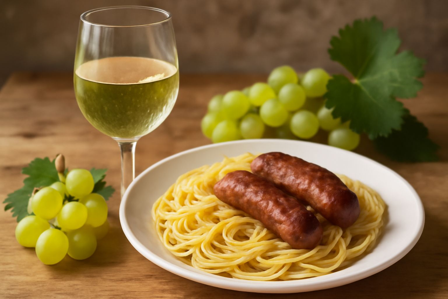 Bicchiere di vino bianco limpido e trasparente con riflessi gialli oro, sfondo di colline verdi e vigneti